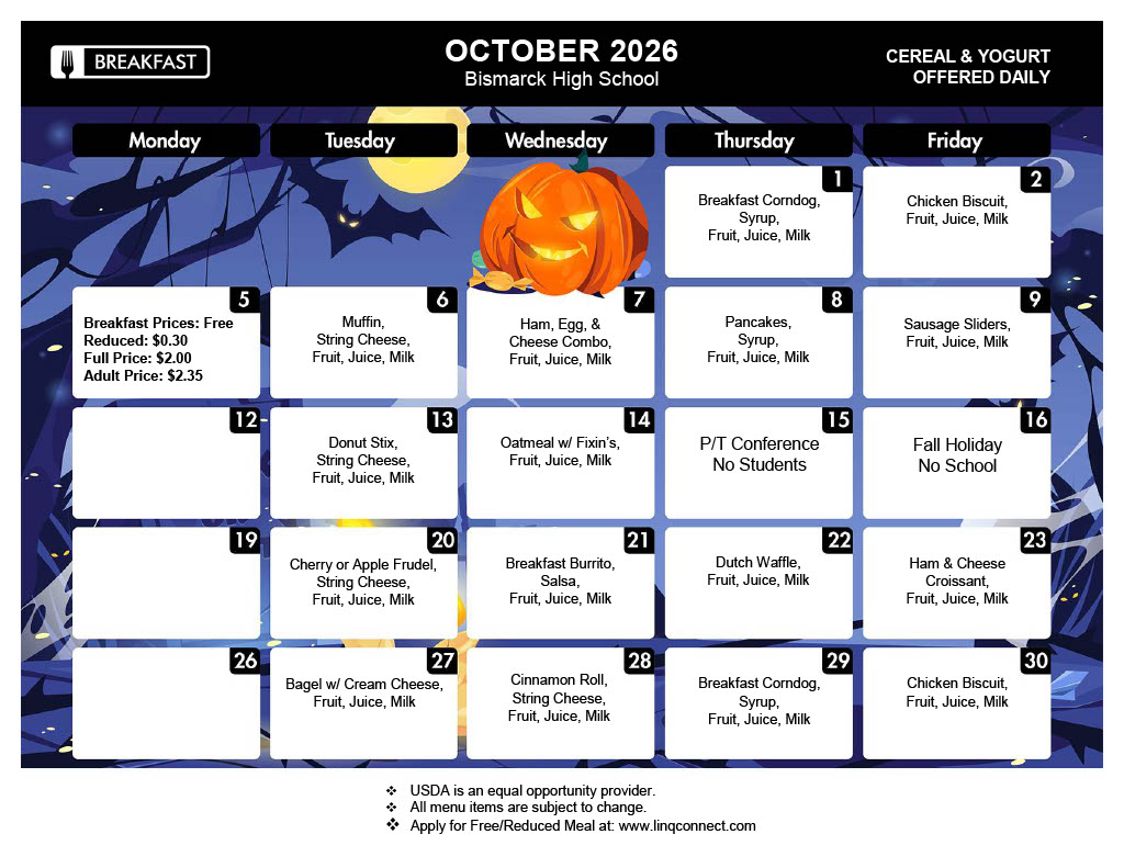 A school calendar for October 2026 features a Halloween theme with a glowing jack-o'-lantern and spooky blue background.